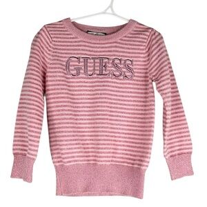 Guess Girl's Pink Striped Logo Long Sleeve Tinsel Crewneck Sweater Size 3T